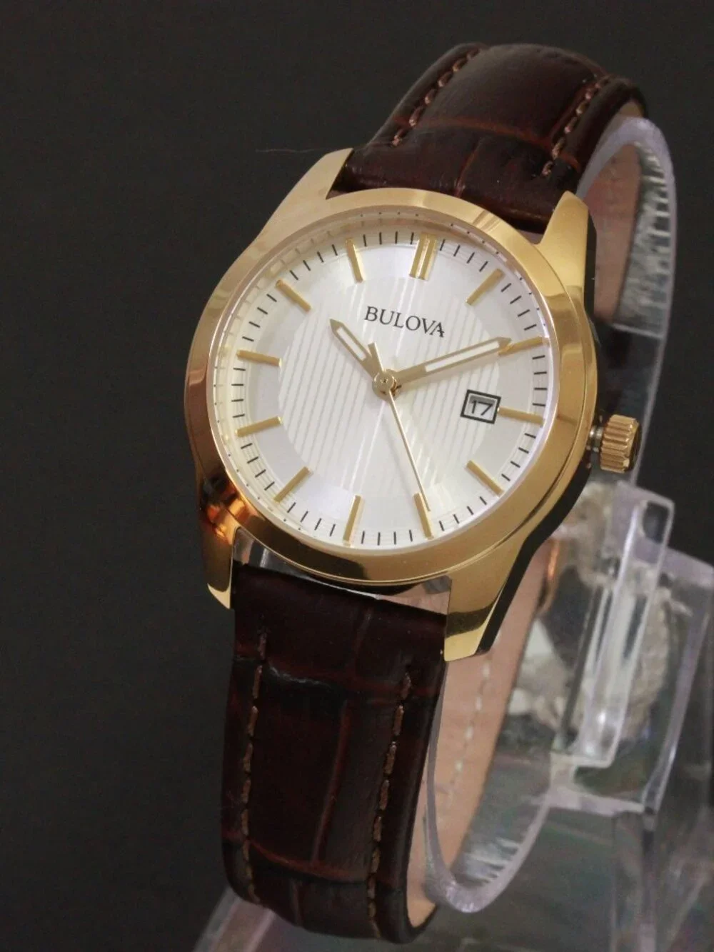 Bulova Classic Collection Ladies Dress Watch Gold Tone Textured Dial 30mm